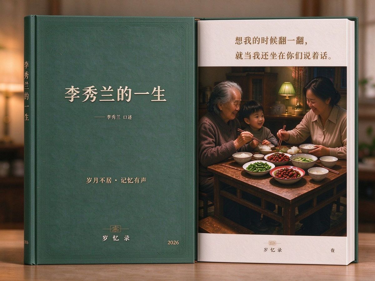 岁忆录成品精装回忆录：墨绿布面封面《李秀兰的一生》，翻开内页是一家人围坐吃饭的照片与想对我说的话